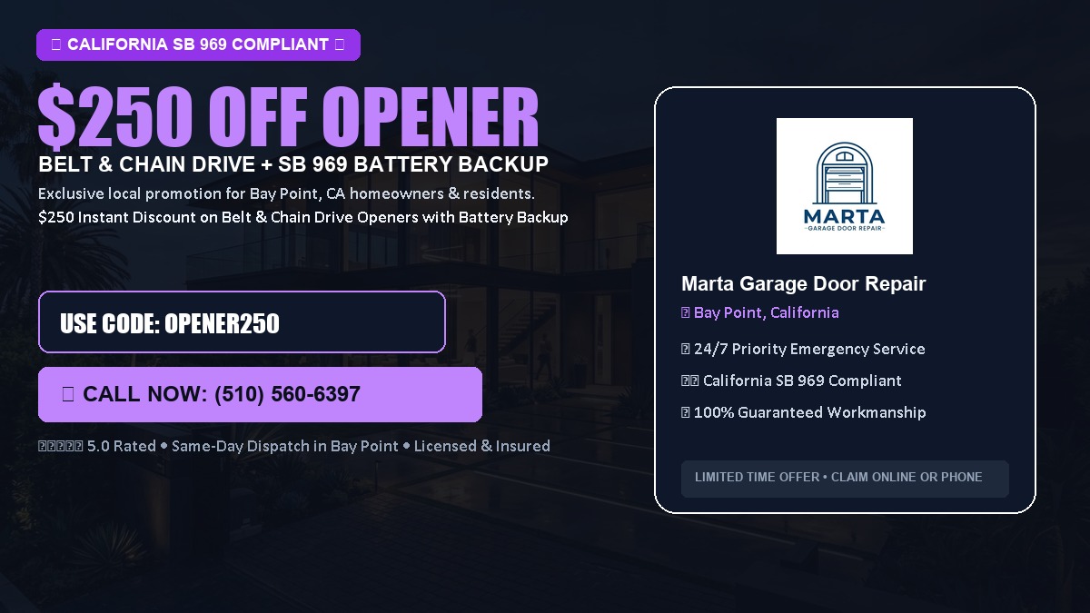 $250 OFF Smart Garage Door Opener Installation (Belt & Chain Drive with California SB 969 Battery Backup) in Bay Point, CA